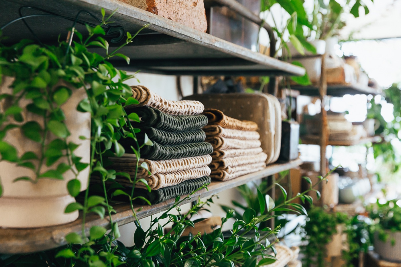 Store shelves stocked with woven goods and trailing plants